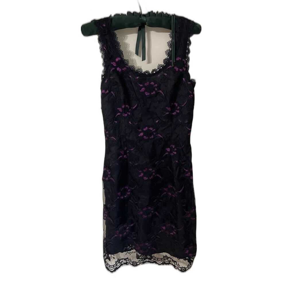 vintage Ujena black dress stunning black lace over purple design. V back Size 4